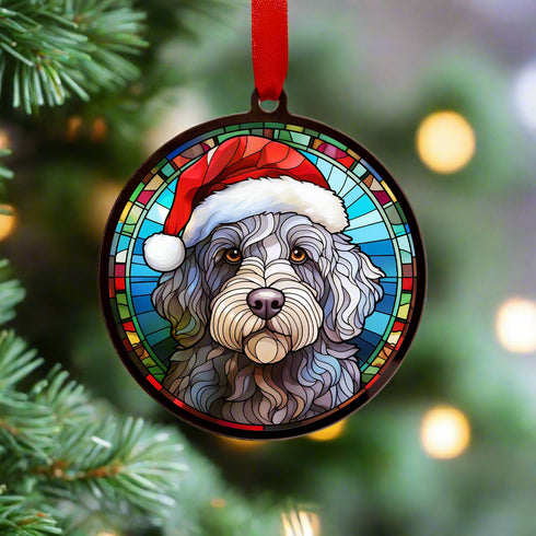 Labradoodle Grey in Santa Hat Suncatcher Decoration